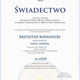 Świadectwo nadania licencji Polskiej Federacji Rynku Nieruchomości w zakresie pośrednictwa w obrocie nieruchomościami