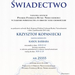 Świadectwo nadania licencji Polskiej Federacji Rynku Nieruchomości w zakresie pośrednictwa w obrocie nieruchomościami