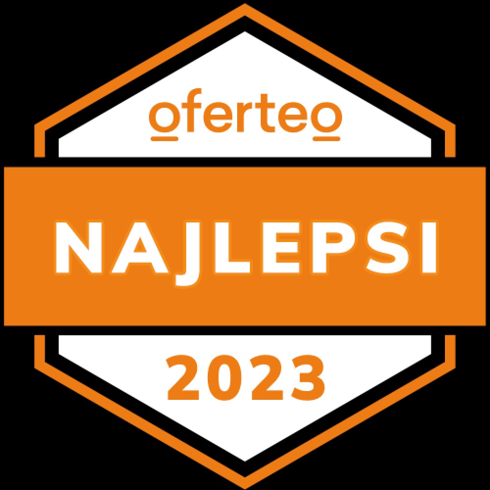 Oferteo Najlepsi 2023, pomarańczowo-biały emblemat na czarnym tle.