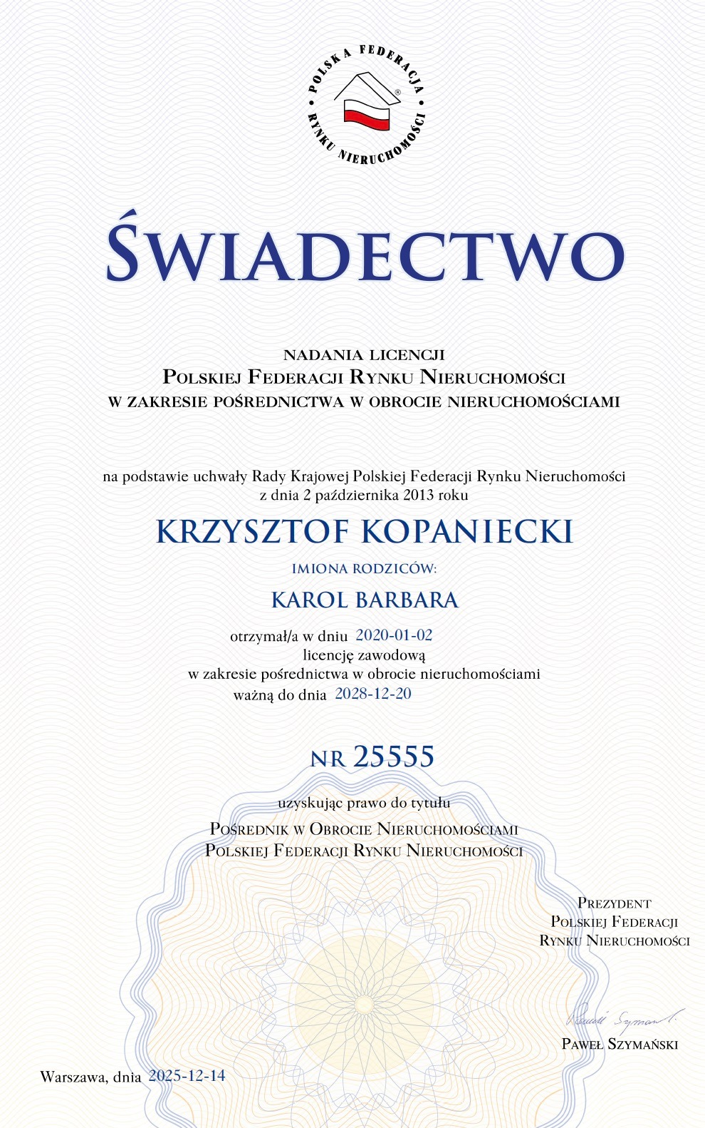 Świadectwo nadania licencji Polskiej Federacji Rynku Nieruchomości w zakresie pośrednictwa w obrocie nieruchomościami