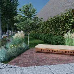 Wizualizacja parku miejskiego z aleją spacerową, ławką z napisem 'AL. 21 PAŹDZIERNIKA', ozdobnymi trawami i zielenią pnącą się po murze.