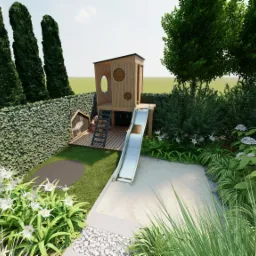 Wizualizacja ogrodu z drewnianym domkiem dla dzieci ze zjeżdżalnią, otoczonym zielenią, kwitnącymi krzewami i wysokimi cyprysami.