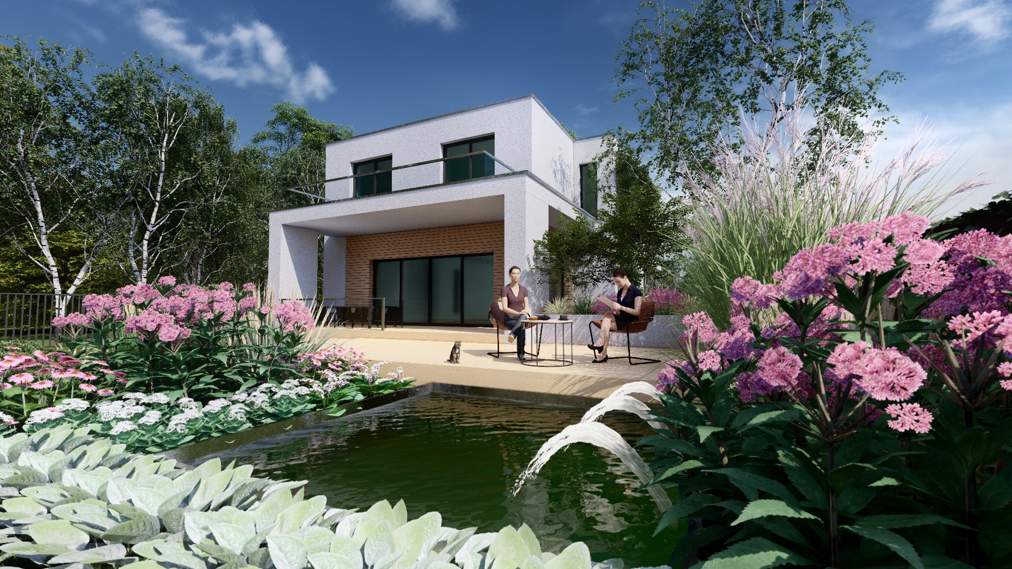 Wizualizacja nowoczesnego domu z ogrodem, oczko wodne z fontanną, rabaty kwiatowe, dwie kobiety siedzące przy stoliku na tarasie, kot.