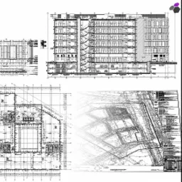 Zeskanowany plan architektoniczny budynku biurowego we Wrocławiu, zawierający przekroje, rzuty i detale konstrukcyjne, wraz z informacjami o powierzchni i kubaturze z lat 2007-2008.
