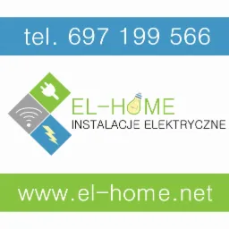 Logo firmy EL-HOME z numerem telefonu, adresem strony internetowej oraz symbolem wtyczki, fal radiowych i błyskawicy, z napisem 'Instalacje Elektryczne'.