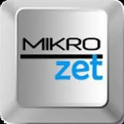 Klawisz klawiatury z logo firmy 'MIKROzet', nazwa w kolorze czarnym i niebieskim, na szarym tle.