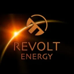 Logo firmy Revolt Energy na czarnym tle z efektem świetlnym, sugerujące działalność w branży energetycznej.