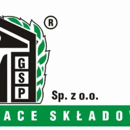 Logo firmy GSP Place Składowe Sp. z o.o. z motywem graficznym przedstawiającym zarys domu i liście.