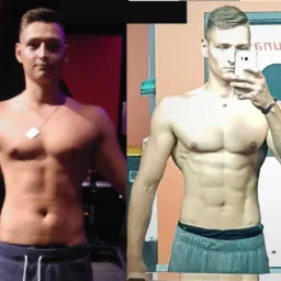 Porównanie sylwetki mężczyzny przed i po treningach, widoczna poprawa definicji mięśni brzucha i klatki piersiowej.