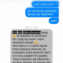 Zrzut ekranu konwersacji tekstowej: Pytanie o brak cukru, odpowiedź o poprawie samopoczucia i wzroście energii po wcześniejszych problemach ze snem i sennością w ciągu dnia.