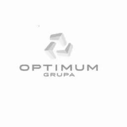 Logo firmy Optimum Grupa, przedstawiające abstrakcyjny symbol złożony z trzech szarych strzałek ułożonych w okrąg, nad napisem OPTIMUM GRUPA w szarym kolorze na białym tle.