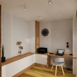 Wizualizacja gabinetu w domu: biurko z laptopem i lampką, drukarka, krzesło na drewnianej podłodze, regał z książkami, dekoracje, zegar na ścianie z pionowymi panelami, obraz w czarnej ramie.