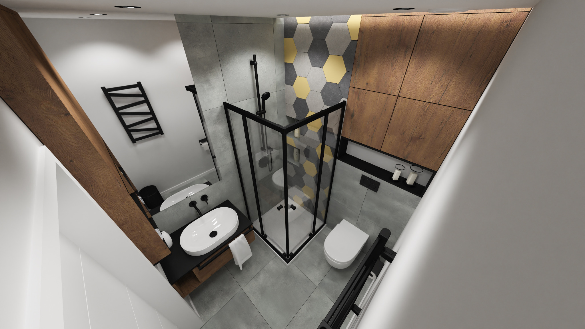 Wizualizacja łazienki z kabiną prysznicową w czarnej ramie, umywalką nablatową na czarnym blacie z drewnianą szafką, heksagonalnymi płytkami w odcieniach szarości i złota na ścianie prysznica...