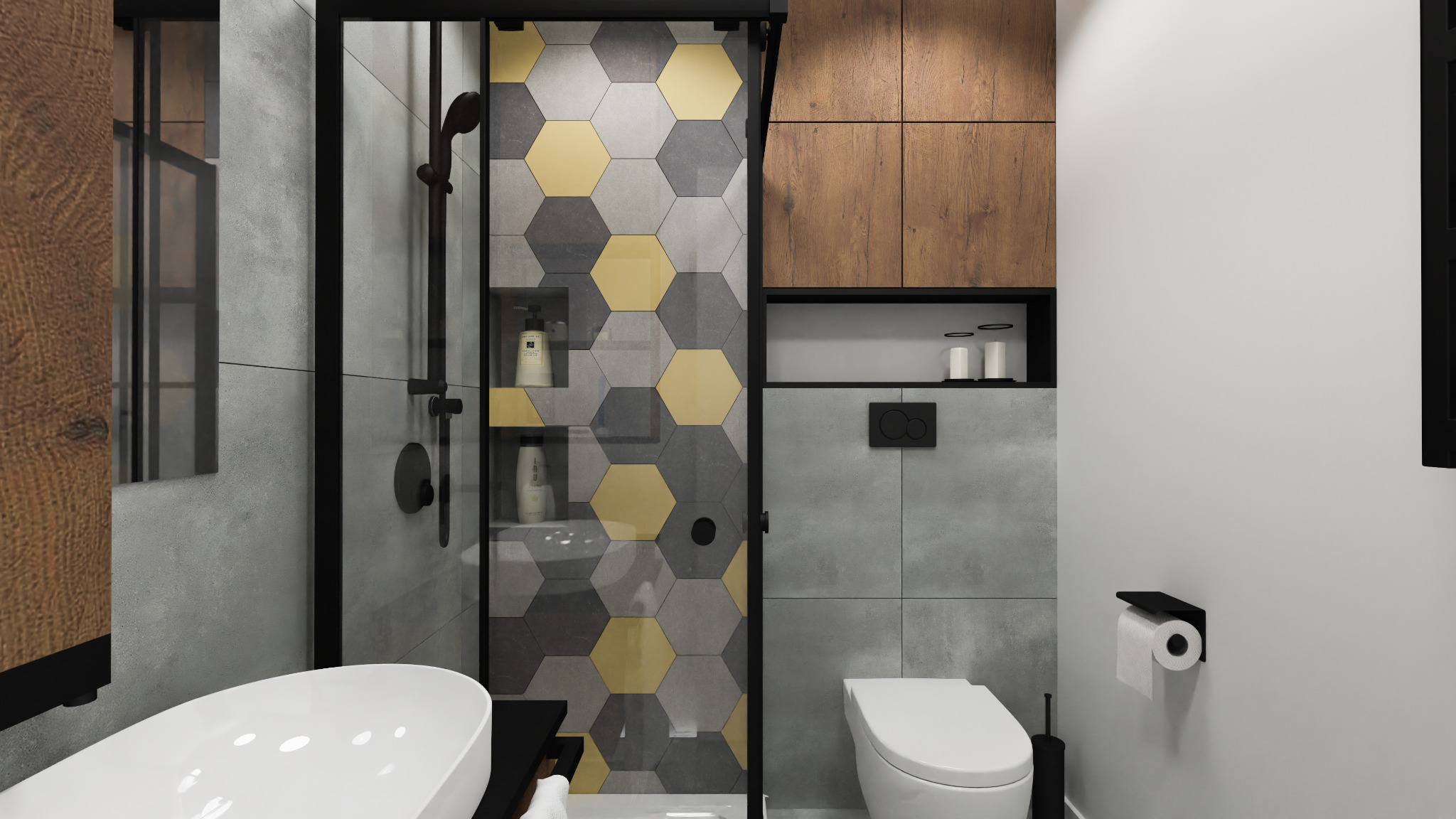 Nowoczesna łazienka z kabiną prysznicową typu walk-in, heksagonalnymi płytkami w odcieniach szarości i żółci, drewnianymi szafkami wiszącymi i minimalistyczną armaturą w kolorze czarnym.