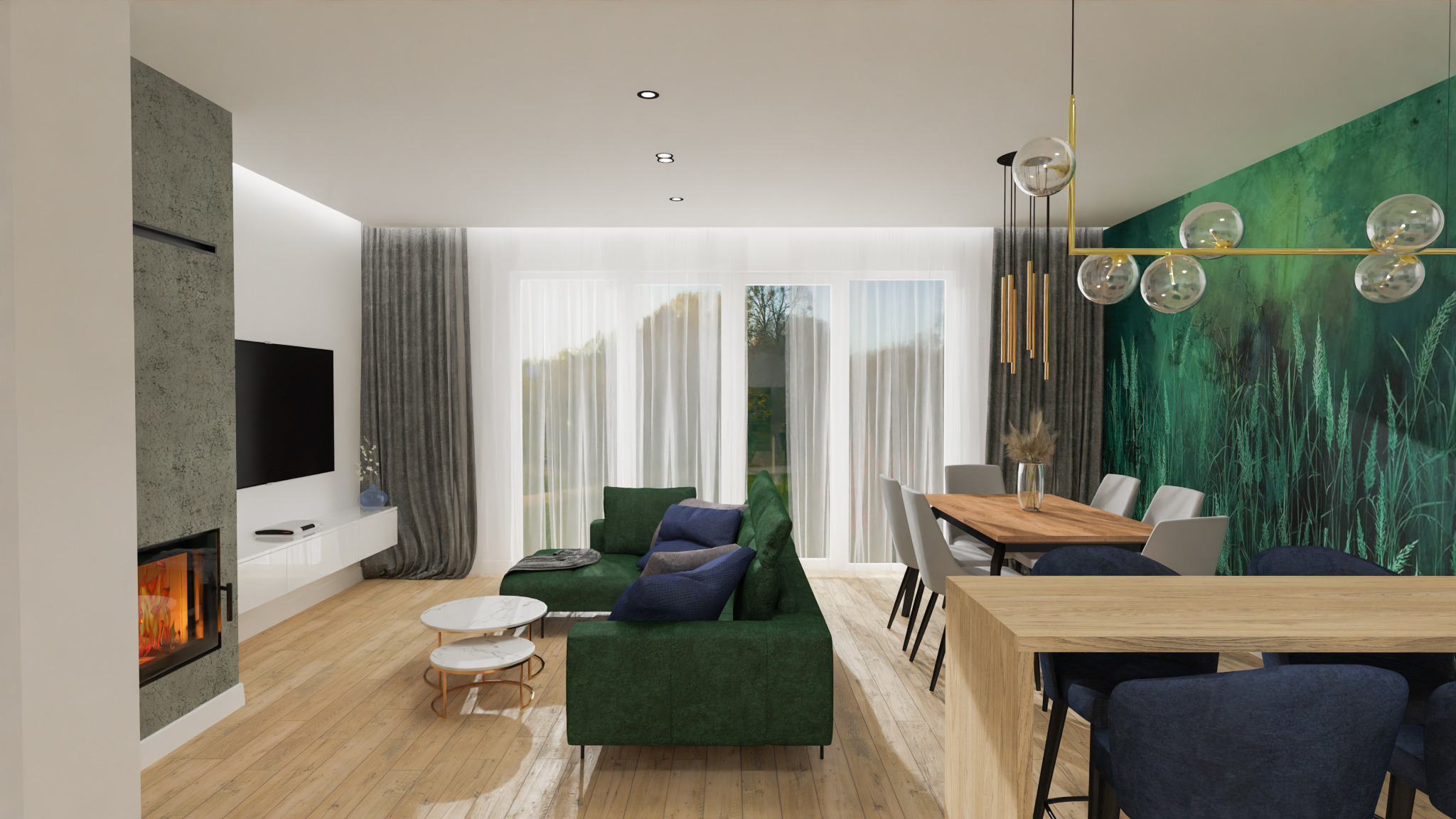 Wizualizacja przestronnego salonu z kominkiem, zieloną sofą i tapetą z motywem trawy, oświetlonego nowoczesną lampą wiszącą.