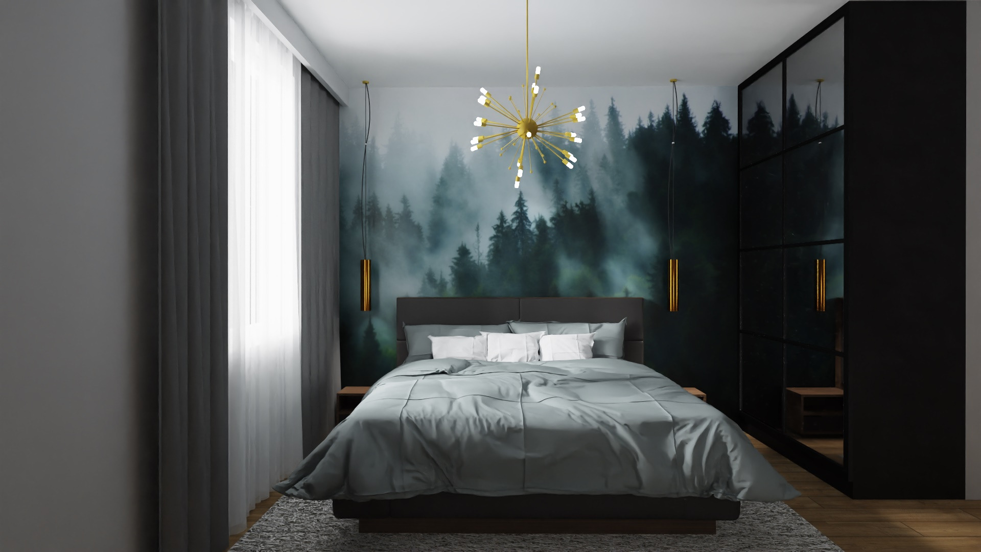 Nowoczesna sypialnia z łóżkiem w odcieniach szarości, tapetą z motywem mglistego lasu i złotą lampą sufitową w kształcie gwiazdy, uzupełniona czarną szafą z lustrzanymi drzwiami.