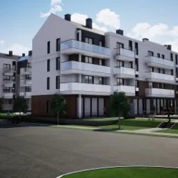 Wizualizacja 3D nowoczesnego budynku mieszkalnego wielorodzinnego z balkonami, z zaparkowanymi samochodami i osobami w pobliżu wejścia.