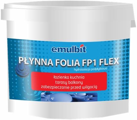 Białe wiadro z niebiesko-czerwonym nadrukiem prezentujące płynną folię hydroizolacyjną Emulbit FP1 Flex do łazienek, kuchni, tarasów i balkonów, zabezpieczającą przed wilgocią.