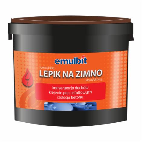 Puszka z lepiszczem asfaltowym Emulbit do konserwacji dachów, klejenia pap asfaltowych i izolacji betonu, z brązową pokrywą i pomarańczowo-czarną etykietą.