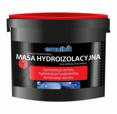 Czarne wiadro z czerwoną pokrywką, zawierające masę hydroizolacyjną marki Emulbit, przeznaczoną do hydroizolacji dachów i fundamentów oraz konserwacji dachów, widoczne logo i napisy informacyjne.