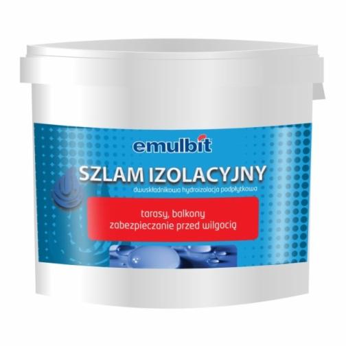 Białe wiadro z niebieską etykietą 'emulbit SZLAM IZOLACYJNY', dwuskładnikowa hydroizolacja podpłytkowa, do tarasów i balkonów, zabezpieczenie przed wilgocią.