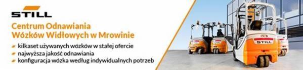 Grafika reklamowa z kilkoma wózkami widłowymi marki Still w kolorze pomarańczowo-białym, prezentacja centrum odnawiania wózków widłowych w Mrowinie.