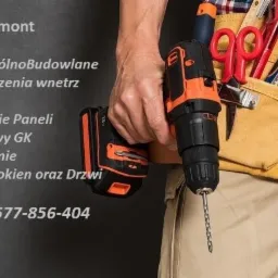 Fachowiec z wiertarką i pasem narzędziowym, gotowy do pracy. W tle szare tło z listą usług firmy Bello-Remont i numerem telefonu.