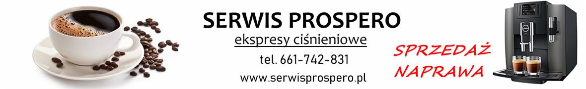 Reklama firmy serwisującej ekspresy ciśnieniowe, z filiżanką kawy, ziarnami i nowoczesnym ekspresem automatycznym z dwiema filiżankami espresso.