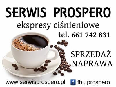 Reklama serwisu ekspresów ciśnieniowych: filiżanka kawy, ziarna, numer telefonu i adres strony internetowej.