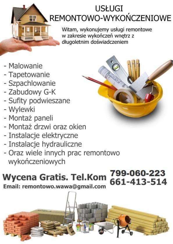 Ogłoszenie usług remontowych z miniaturką domu, narzędziami w kasku budowlanym i materiałami budowlanymi. Kontakt i wycena gratis.