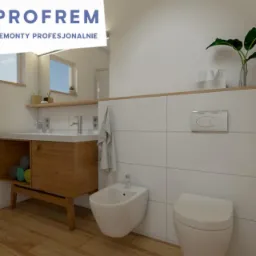 Wizualizacja nowoczesnej łazienki z drewnianą szafką pod umywalką, białymi płytkami na ścianach, bidetem i toaletą, uzupełniona o drewnianą podłogę i roślinę w szklanym wazonie na p&oacute;łce.