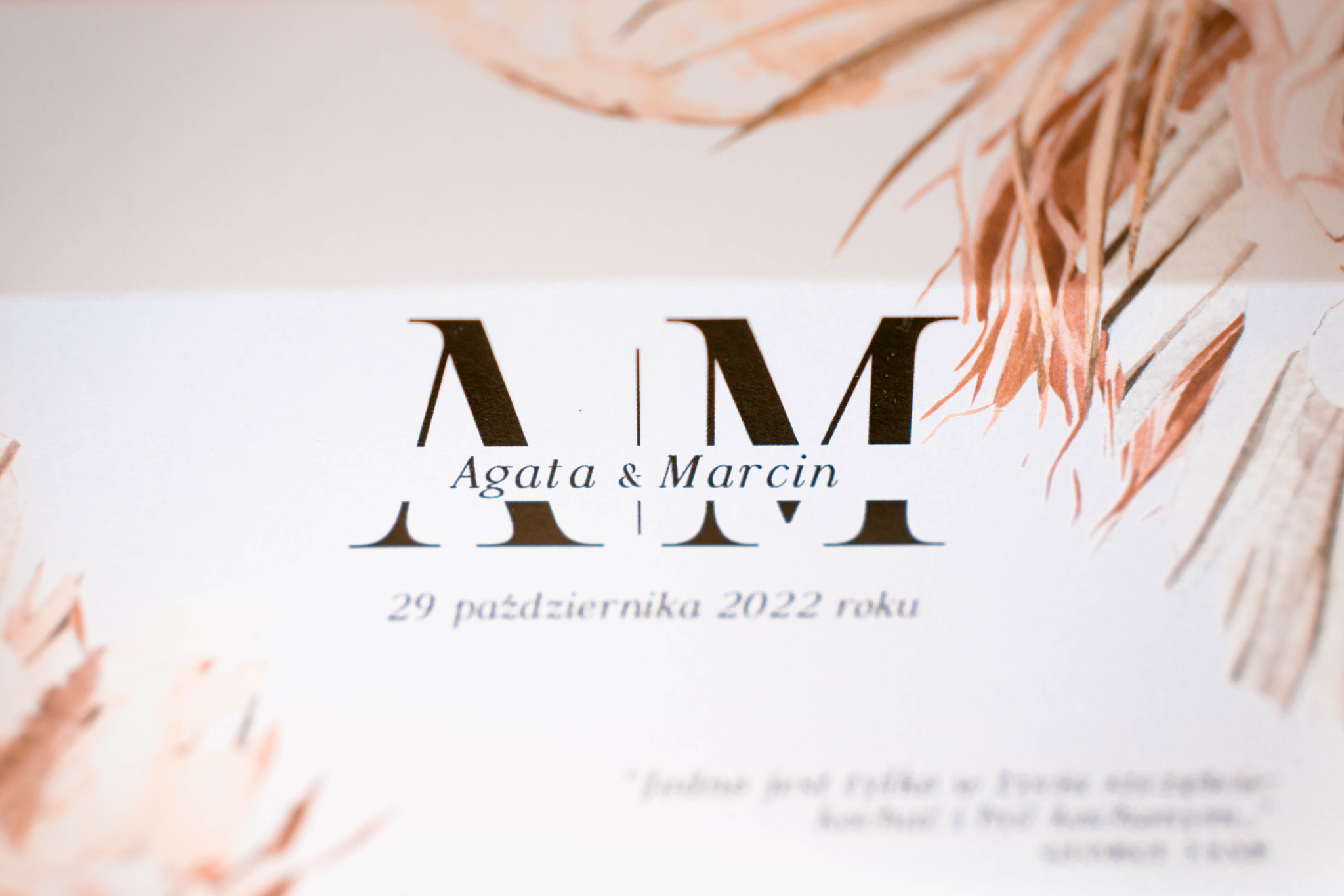 Zbliżenie na zaproszenie ślubne z imionami Agata i Marcin oraz datą 29 października 2022 roku, ozdobione motywem roślinnym w odcieniach beżu i brązu.