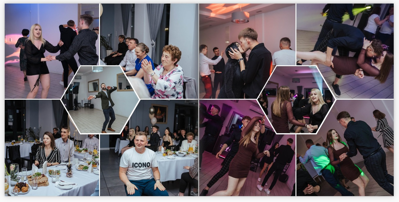 Mozaika zdjęć z imprezy: tańczący goście, siedzący przy stołach, para całująca się na parkiecie, konferansjer z mikrofonem.