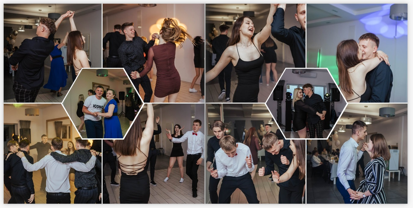 Kolaż zdjęć z imprezy tanecznej: tańczący ludzie w różnym wieku, uśmiechnięte twarze, dynamiczne pozy, dekoracje balonowe w tle, parkiet taneczny, oświetlenie imprezowe.