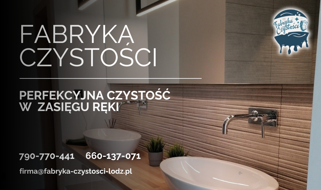 Elegancka łazienka z dwoma umywalkami nablatowymi, chromowaną armaturą i dekoracyjną ścianą z poziomymi żłobieniami, prezentowana z logo i hasłem firmy sprzątającej Fabryka Czystości oraz danymi...