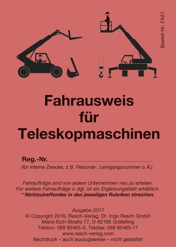 Okładka dokumentu 'Fahrausweis für Teleskopmaschinen' z ilustracjami teleskopowych maszyn budowlanych, wymagany do obsługi maszyn.