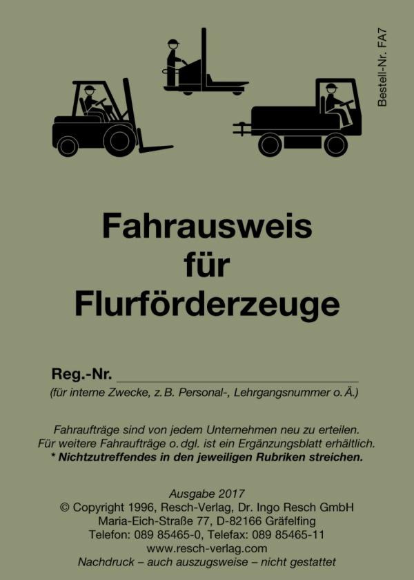 Schematyczny rysunek przedstawiający wózki widłowe i inne pojazdy transportowe wewnątrz magazynu, ilustracja do dokumentu 'Fahrausweis für Flurförderzeuge' (uprawnienia na wózki widłowe), wydanie...