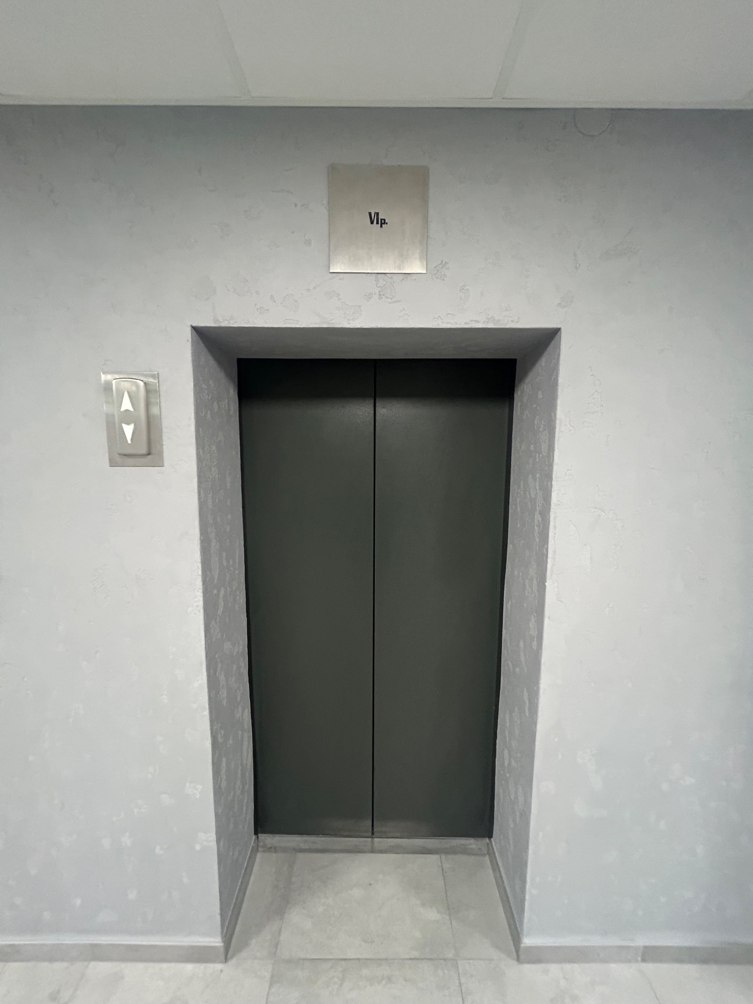 Szare, dwuskrzydłowe drzwi windy z przyciskiem wyboru piętra i tabliczką 'Vip' na ścianie z efektem dekoracyjnym.