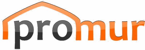 Logo firmy 'promur' z pomarańczowym obrysem dachu nad napisem, gdzie litery 'pro' są czarne, a 'mur' pomarańczowe, z efektem połysku.