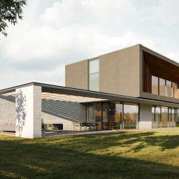 K²grupa - Nowoczesny dom z płaskim dachem, dużymi oknami i tarasem. Elewacja z jasnej cegły i beżowego betonu. Minimalistyczny design, otoczony zielonym trawnikiem.