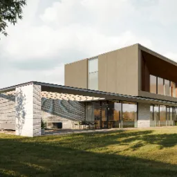 Nowoczesny dom z płaskim dachem, dużymi oknami i tarasem. Elewacja z jasnej cegły i beżowego betonu. Minimalistyczny design, otoczony zielonym trawnikiem.