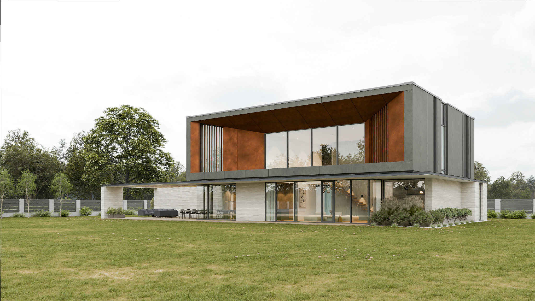 Nowoczesny dom z płaskim dachem i dużymi przeszkleniami, otoczony zielonym trawnikiem i drzewami. Elewacja w odcieniach szarości i brązu. Minimalistyczny design.