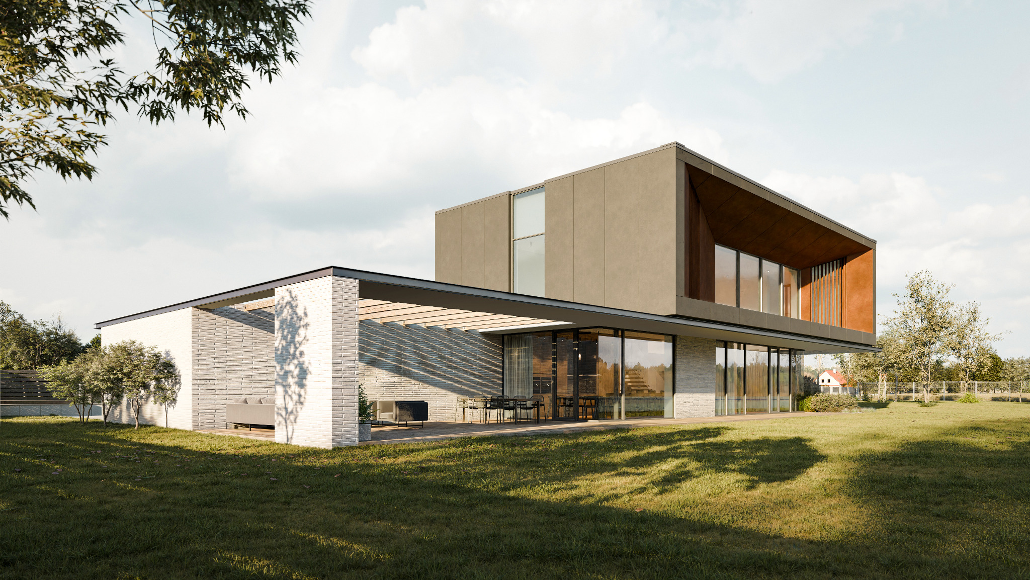 Nowoczesny dom z płaskim dachem, dużymi oknami i tarasem. Elewacja z jasnej cegły i beżowego betonu. Minimalistyczny design, otoczony zielonym trawnikiem.