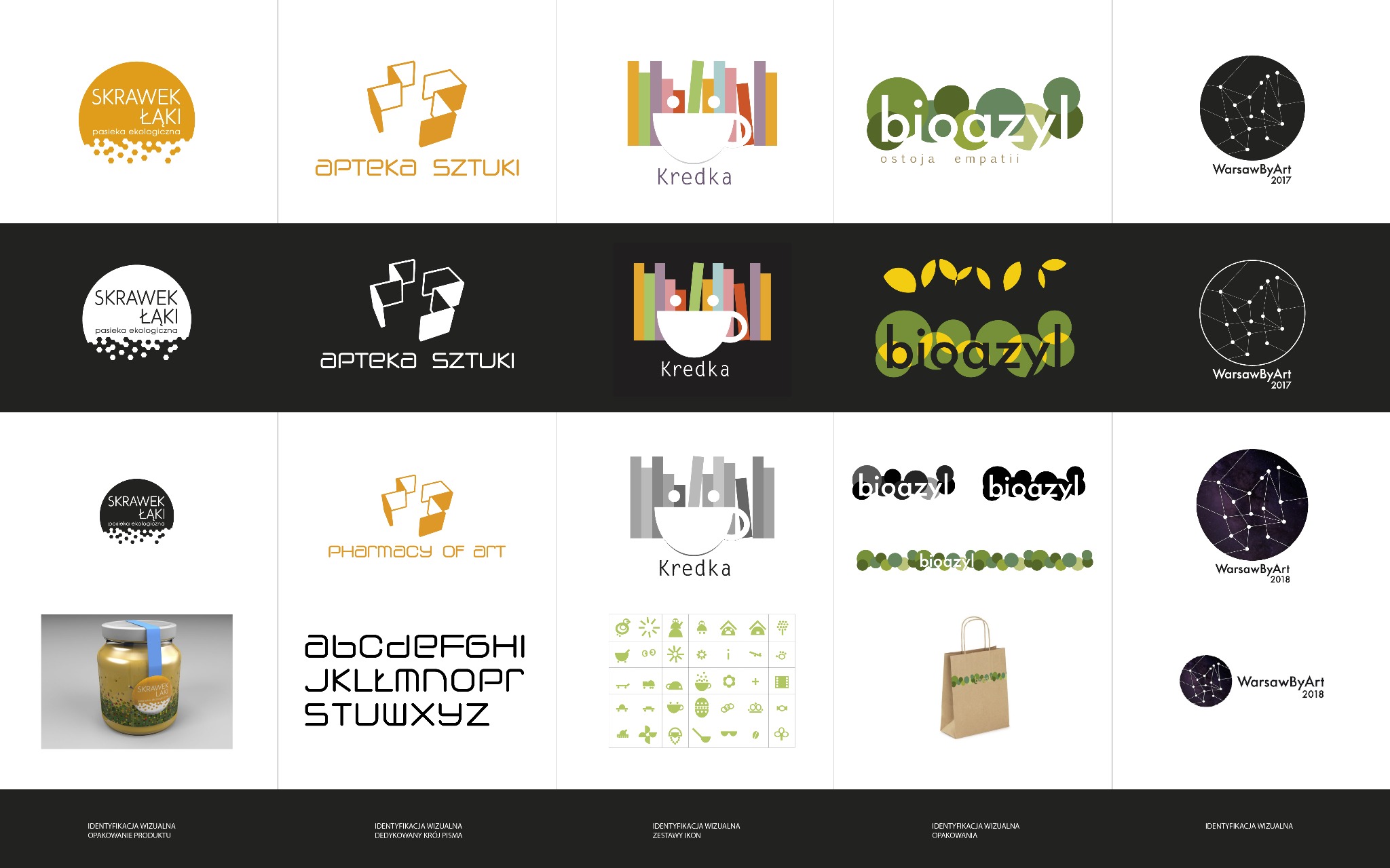 Kompilacja różnorodnych projektów logo, w tym abstrakcyjne kształty, nazwy firm w różnych stylach, ilustracje książek i filiżanki, oraz projekty graficzne z motywem konstelacji, prezentowane...