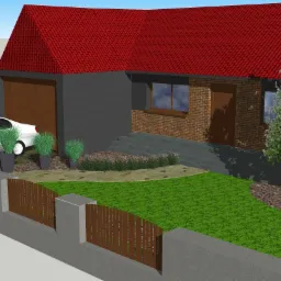 Wizualizacja 3D domu jednorodzinnego z czerwonym dachem, zadbanym trawnikiem, niskim ogrodzeniem z drewnianymi przęsłami, podjazdem z białym samochodem i elementami zieleni ozdobnej.