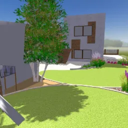 Wizualizacja 3D ogrodu z nowoczesnym domem, placem zabaw z wieżą i zjeżdżalnią, trawnikiem i rabatami kwiatowymi.