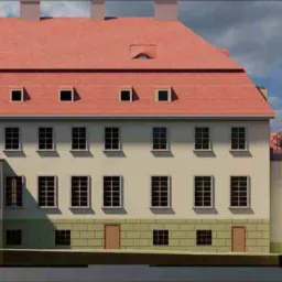 Wizualizacja elewacji bocznej dwupiętrowego budynku z czerwonym dachem, małymi oknami na poddaszu i tarasem na dachu z parasolami.