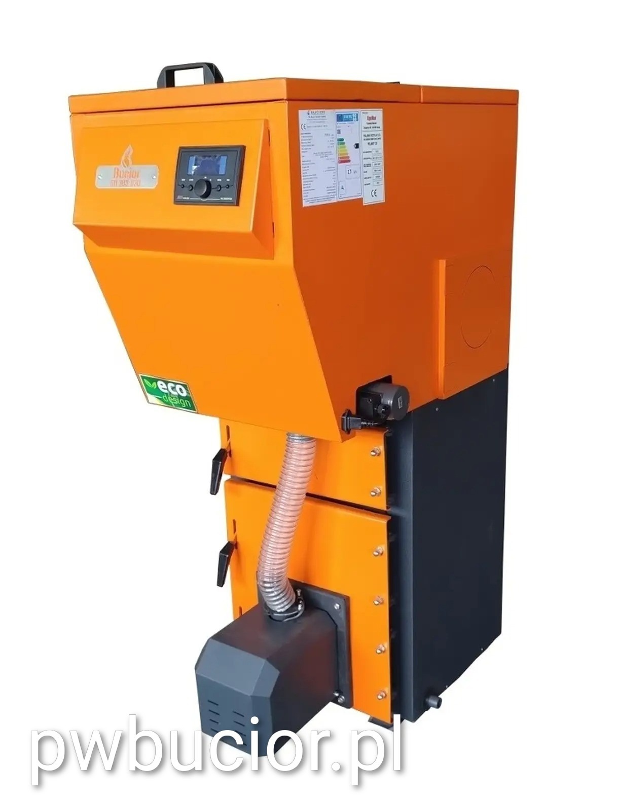 Pomarańczowo-czarny kocioł na pellet z panelem sterowania i oznaczeniem Ecodesign, widoczny z boku na białym tle. Model samorozpalający się, spełniający normy 5 klasy.