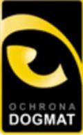 Żółto-czarne logo firmy Ochrona Dogmat z symbolem oka w górnej części, umieszczone na białym tle. Dolna część logo zawiera nazwę firmy.