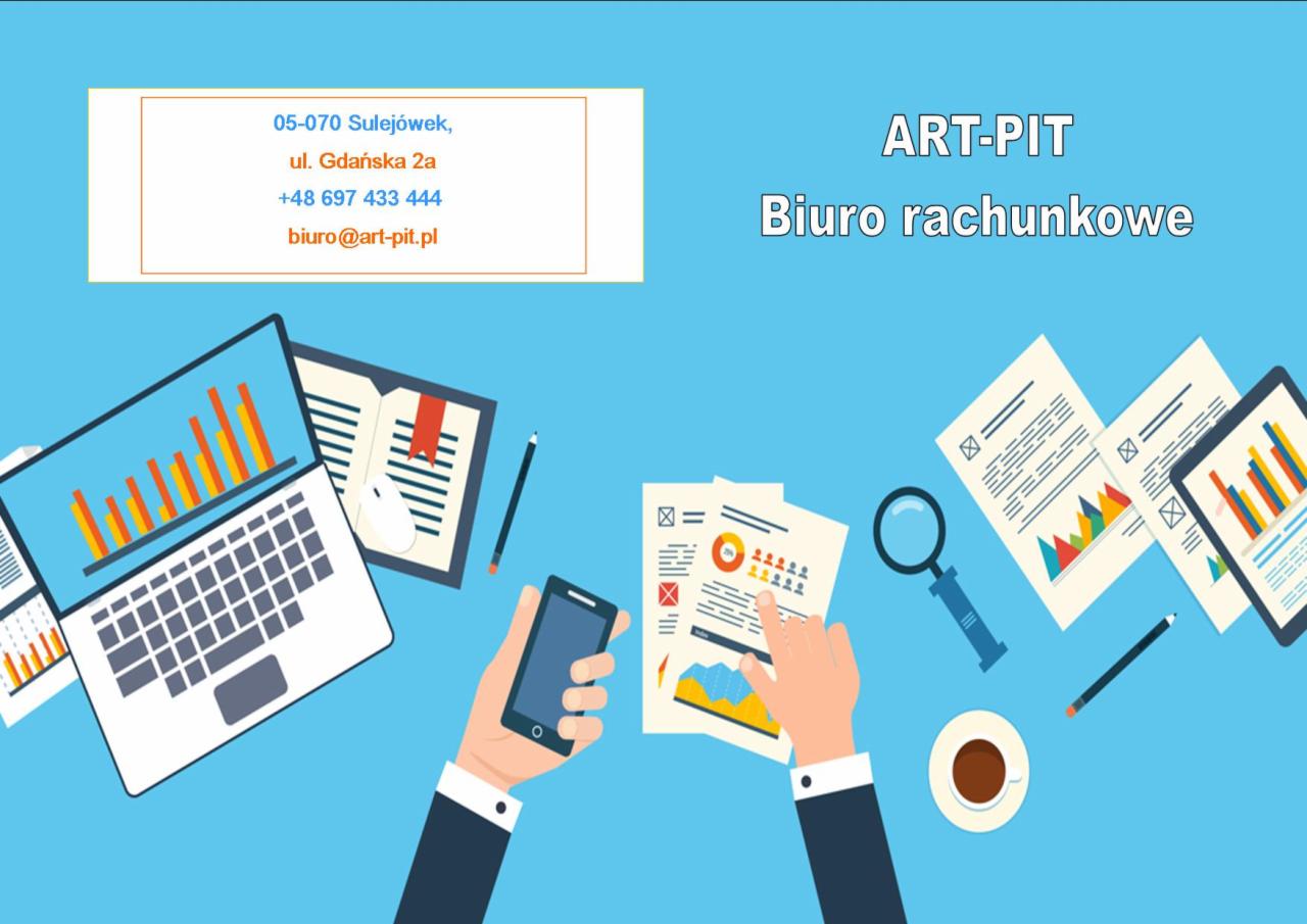 Ilustracja przedstawiająca elementy związane z finansami: laptop z wykresem słupkowym, smartfon w dłoni, dokumenty z wykresami, lupa, filiżanka kawy i dane kontaktowe firmy.
